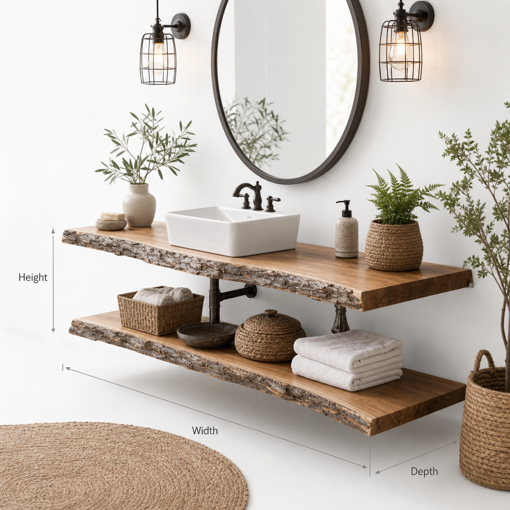 Reclaimed Live Edge Bathroom Vanity Shelf – Handmade Corner Shelf, Rustic Wall Mounted Brackets