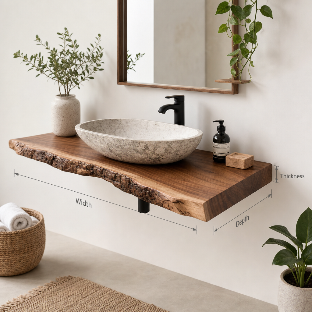 Reclaimed Live Edge Bathroom Vanity Shelf – Handmade Corner Shelf with Rustic Wall Mounted Brackets
