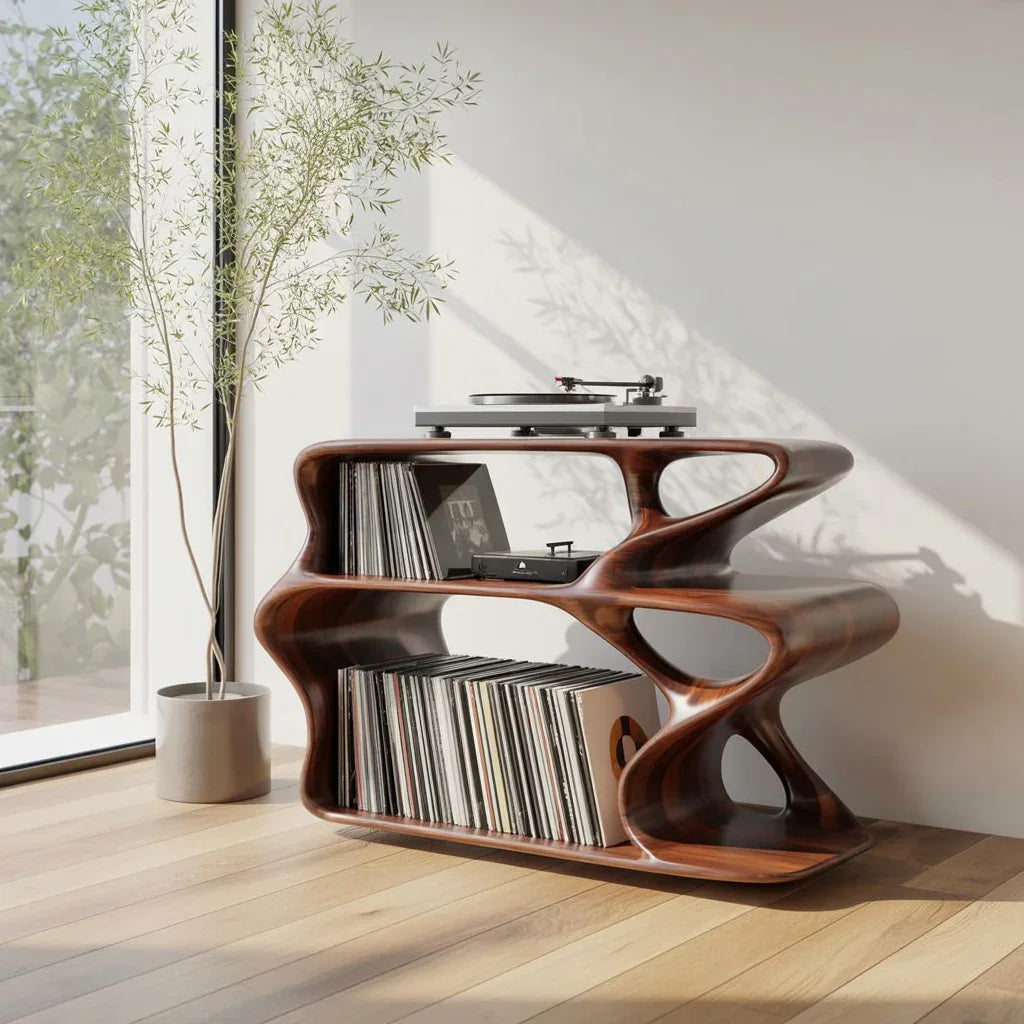 wood record player stand with vinyl collection in mid-century modern room