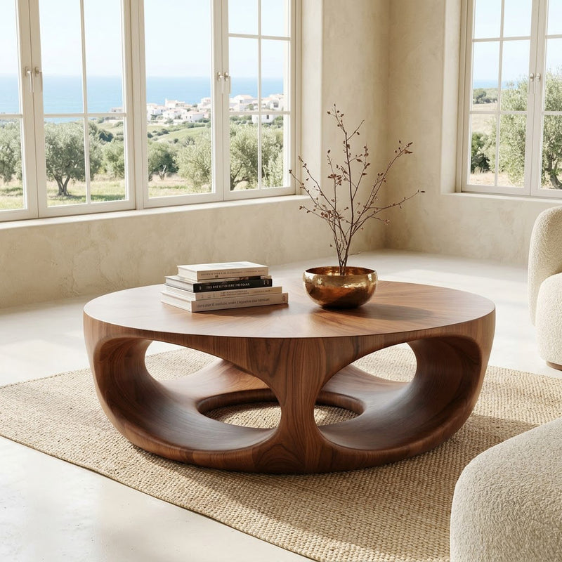 Sculptural hollowed center table in solid wood