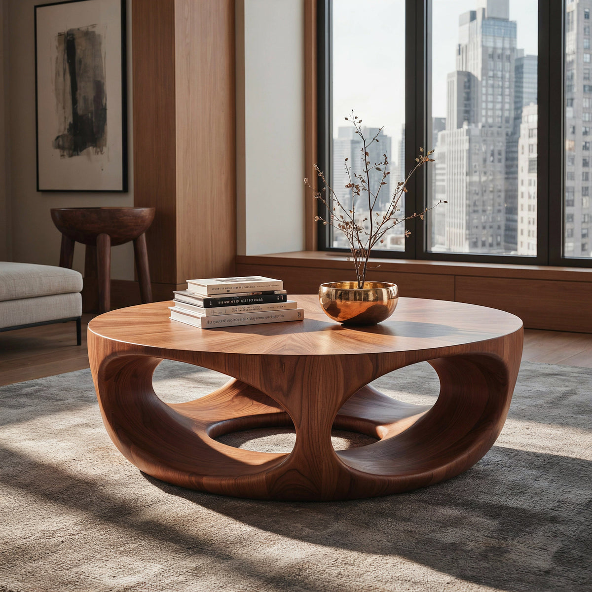Round biomorphic solid wood coffee table in a contemporary living room