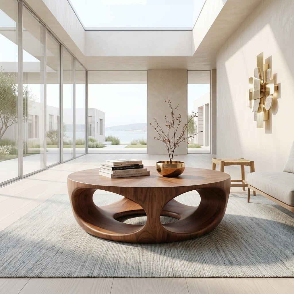 Sculptural solid wood hollowed center table styled in a modern lounge