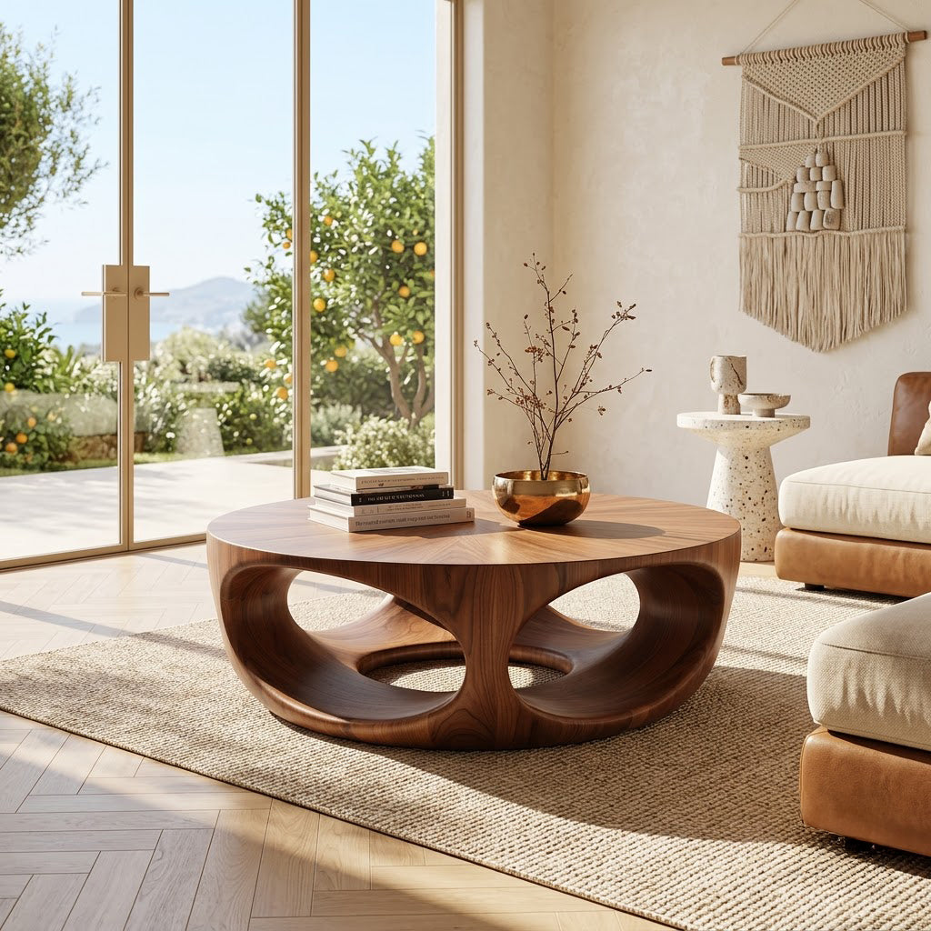 Biomorphic solid wood coffee table enhancing a contemporary home interior