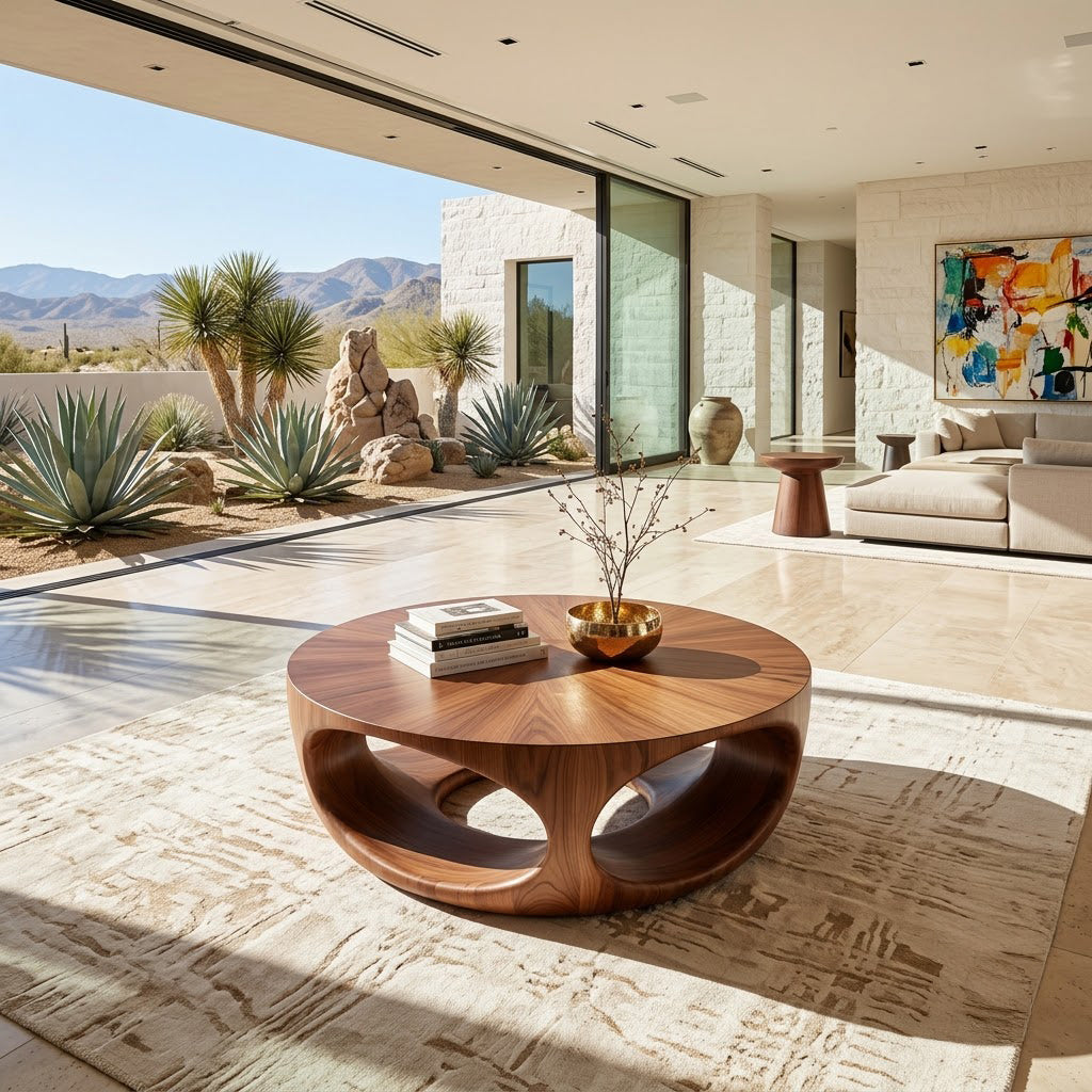 Sculptural solid wood center table showcased as a statement living room piece