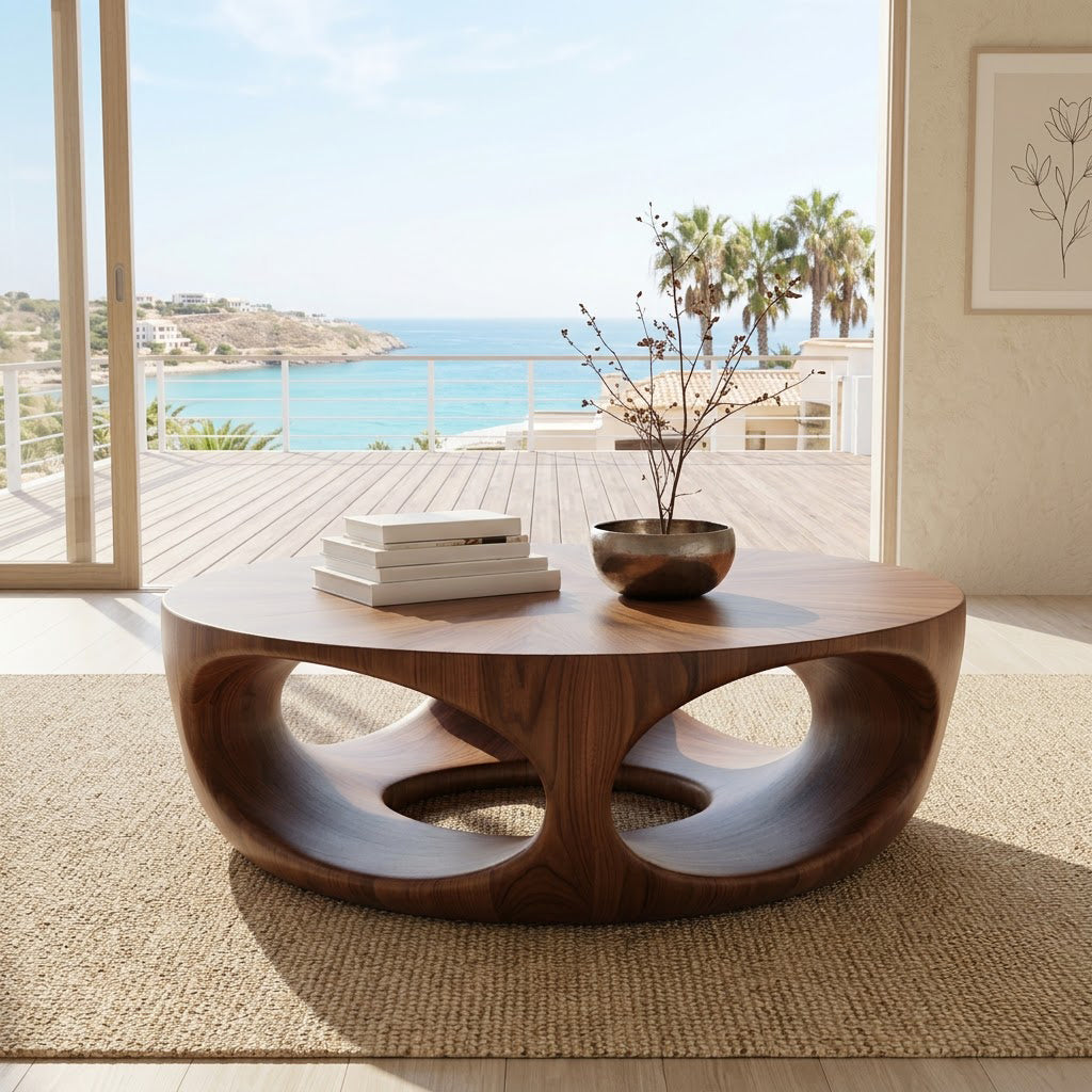 Round solid wood coffee table styled in an elegant modern lounge