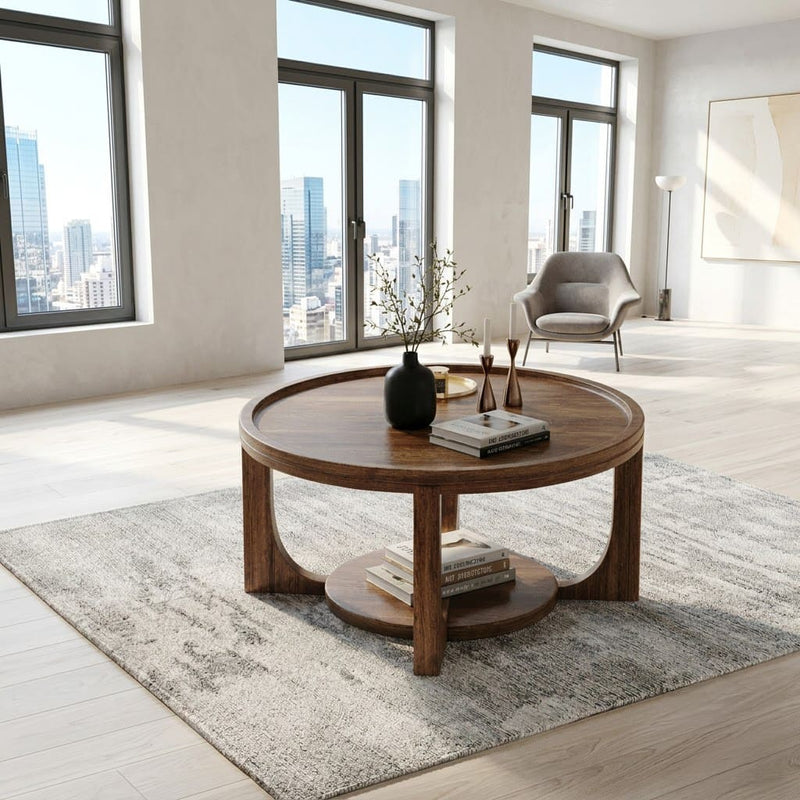 Round sculptural coffee table crafted from solid wood with a two-tier design