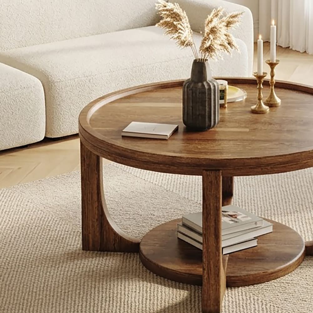 Round solid wood coffee table featuring a detailed tray-style tabletop