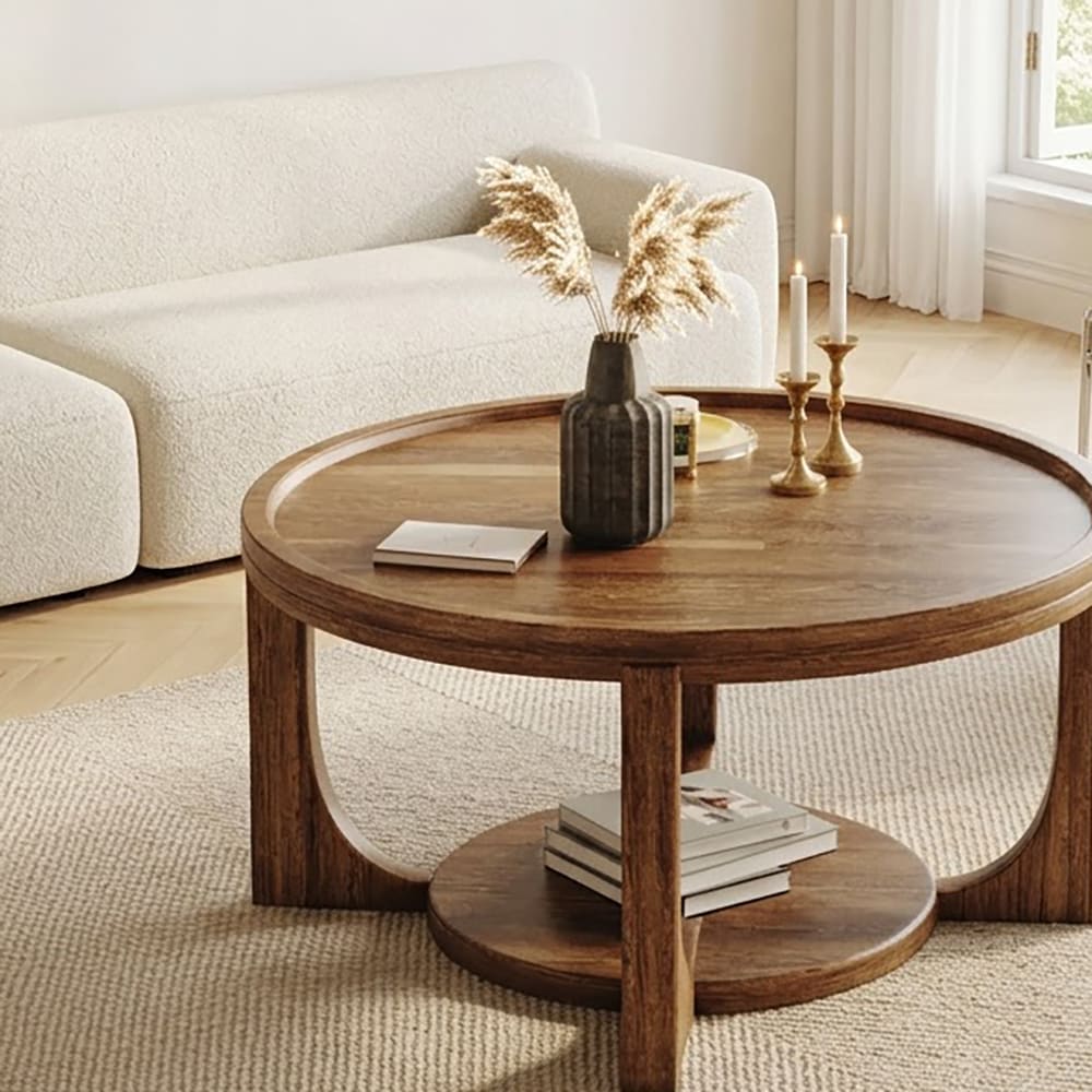 Two-tier solid wood coffee table with a round tray top and open lower shelf