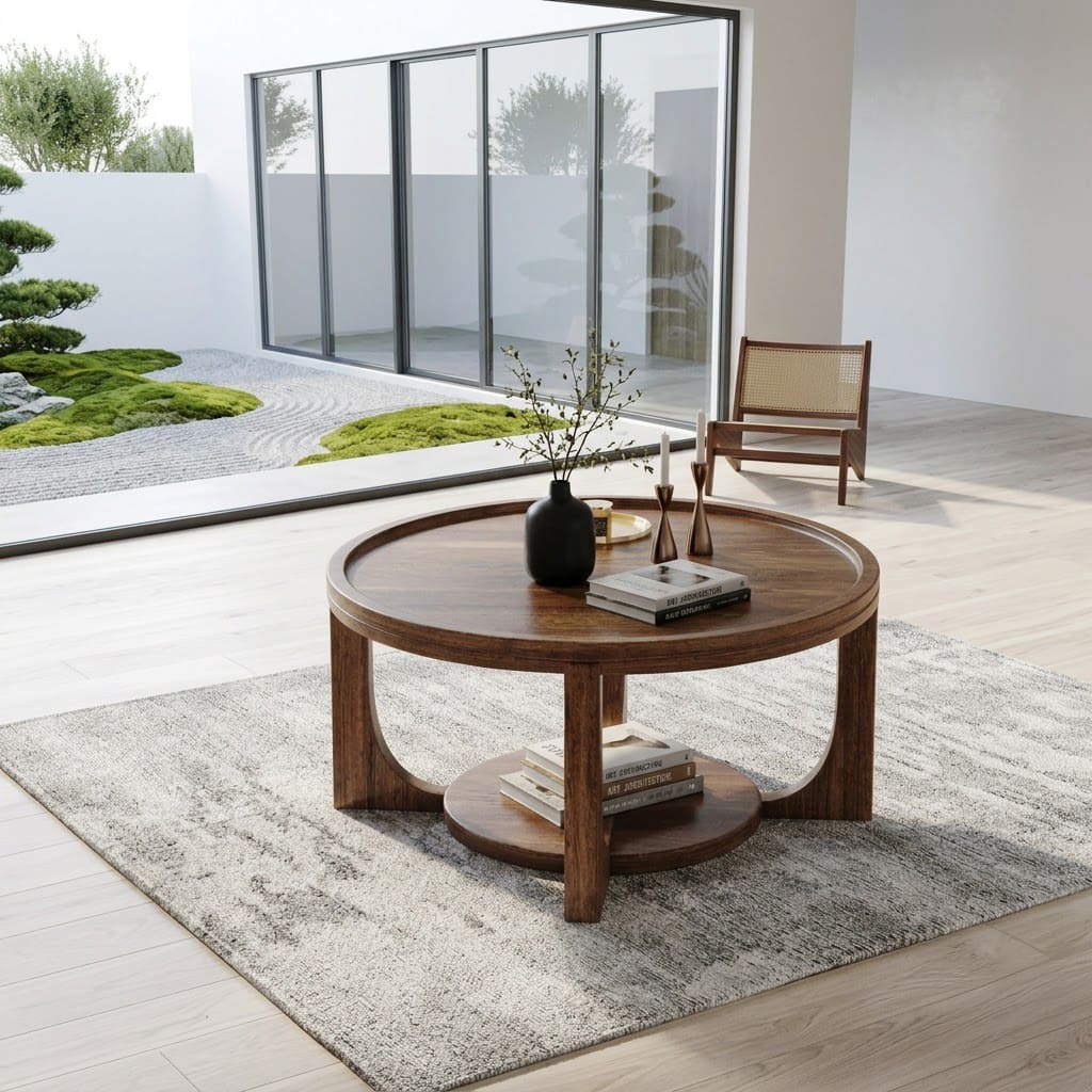 Two-tier solid wood coffee table with a round tray-style top for stylish contemporary interiors