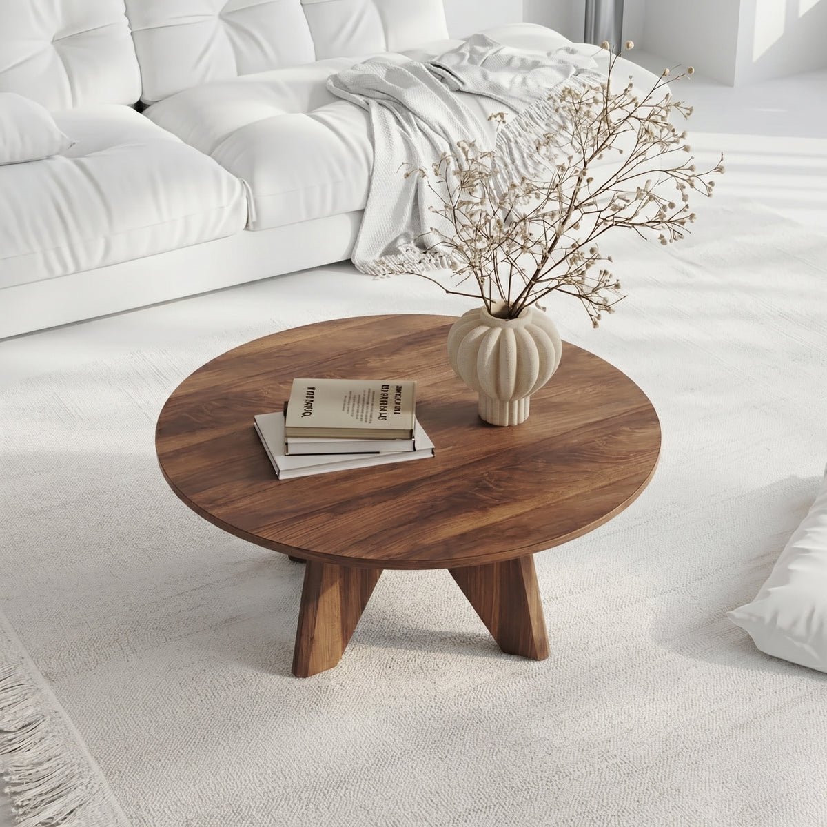 Round solid wood coffee table with sculptural live edge design