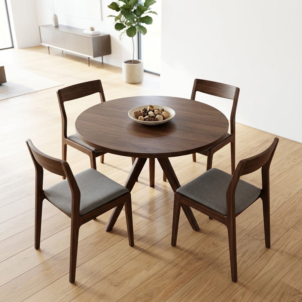 Architectural solid wood round dining table in an elegant home interior