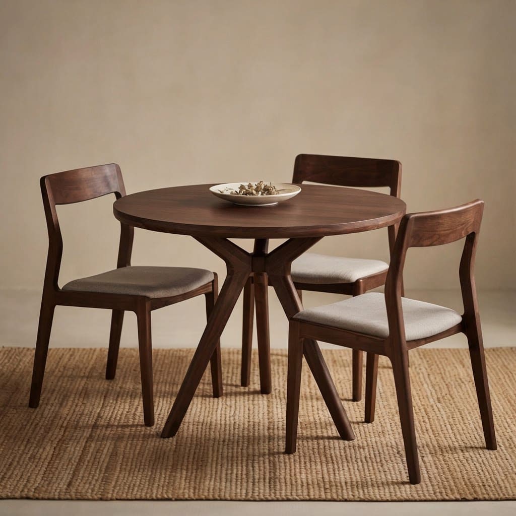 Modern solid wood round dining table in a contemporary dining room