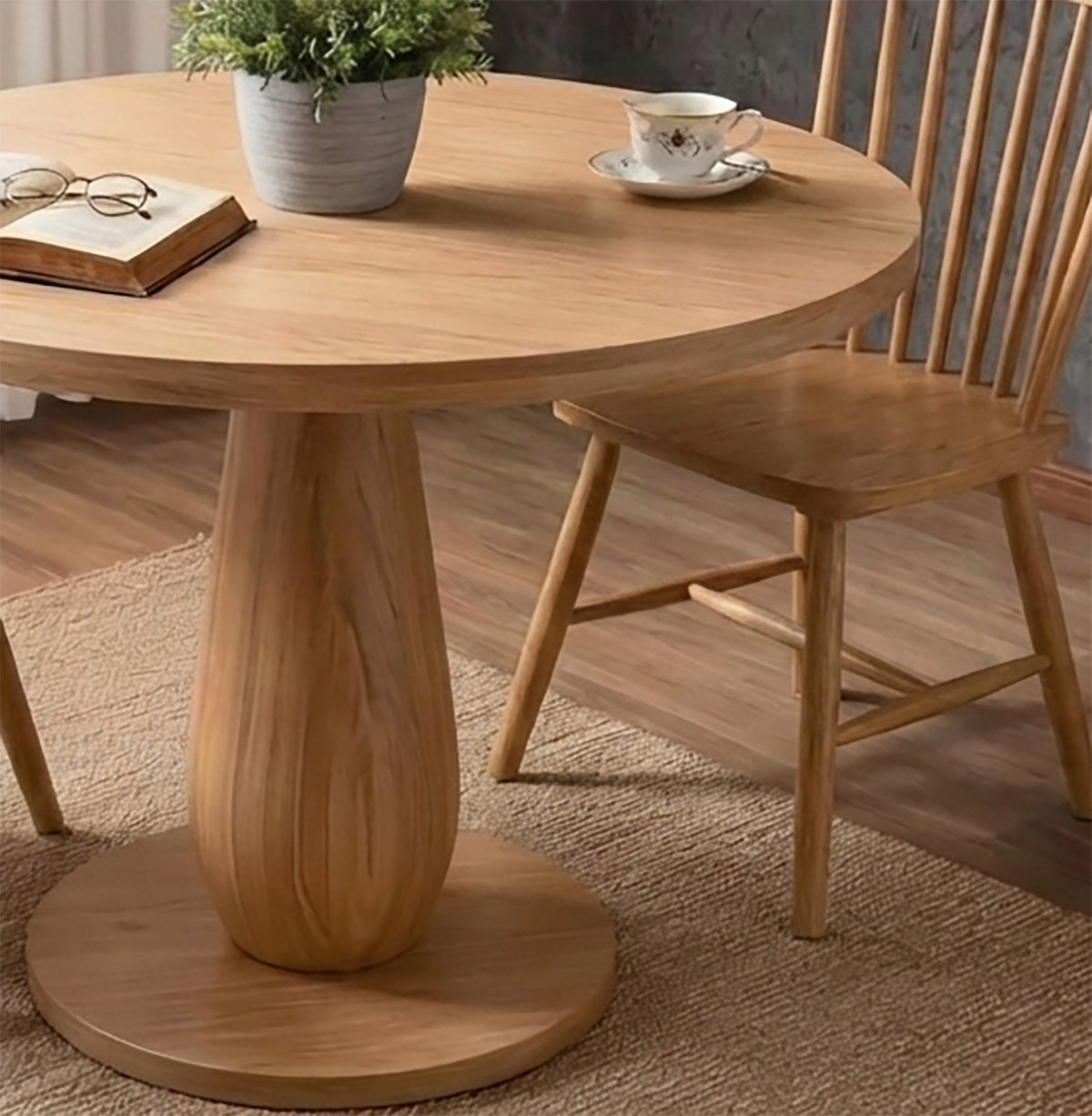 Round Solid Wood Pedestal Dining Table Handcrafted Solid Wood Center Table