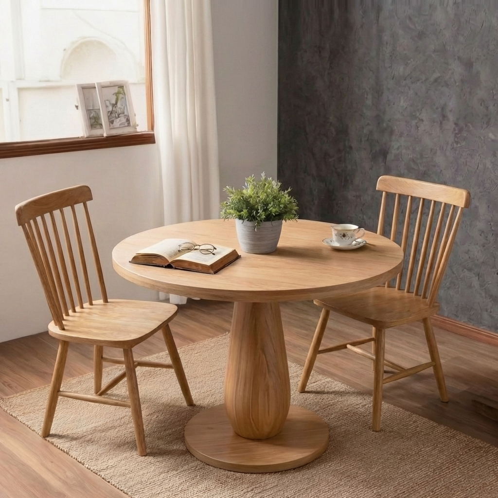 Round Solid Wood Pedestal Dining Table Handcrafted Solid Wood Center Table