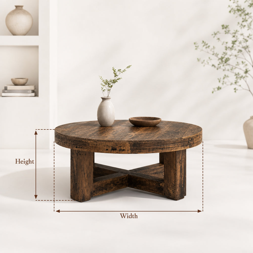 Round Oak Coffee Table – Rustic Reclaimed Wood Farmhouse Furniture