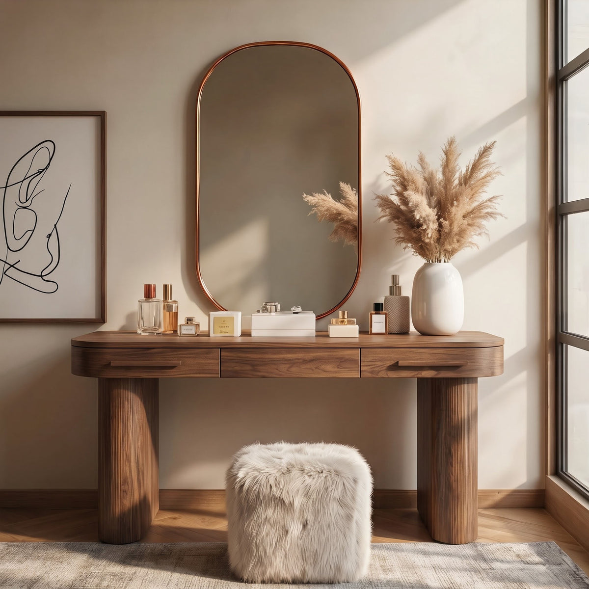 Rounded edge fluted column dressing console in solid wood
