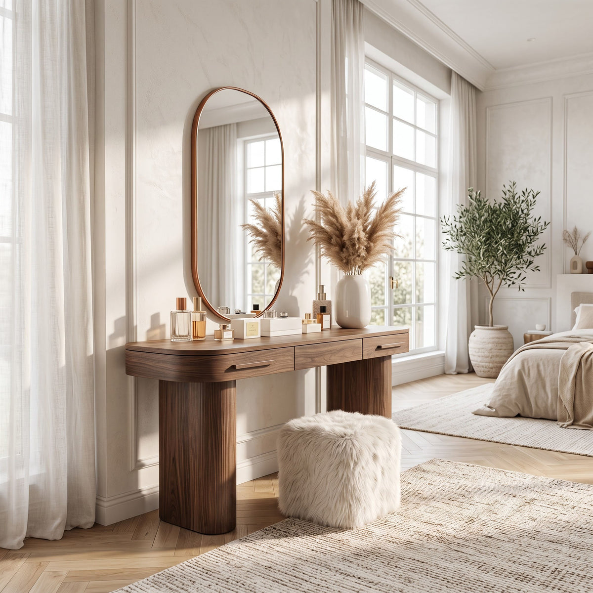 Sculptural solid wood dressing console displayed in a minimalist bedroom