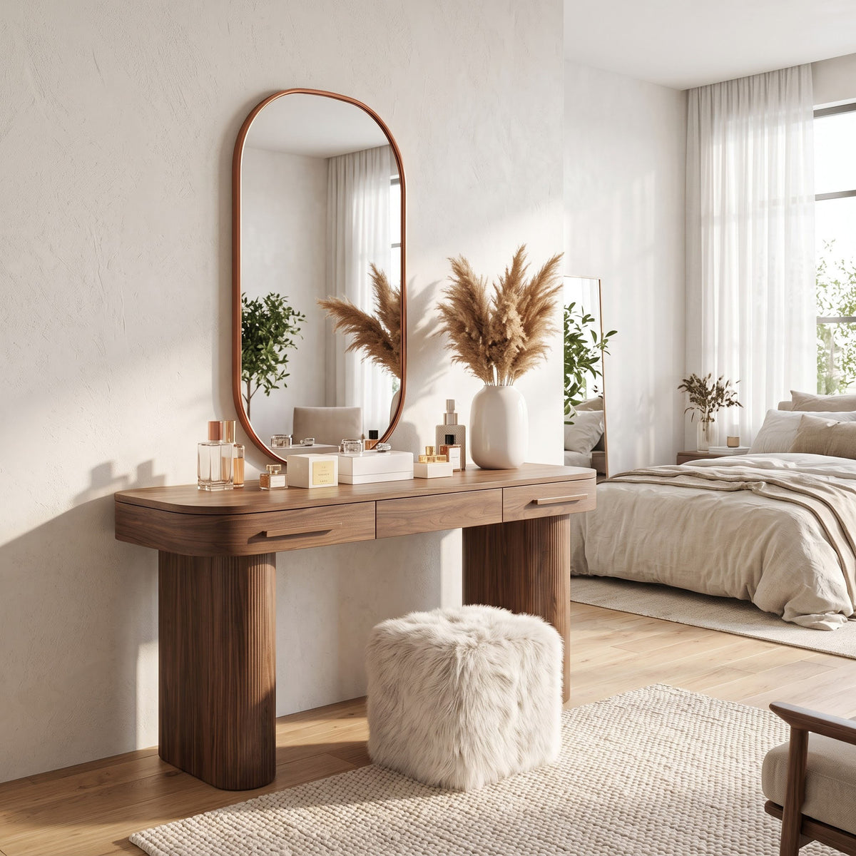 Sculptural fluted column dressing console featured in a sophisticated bedroom interior