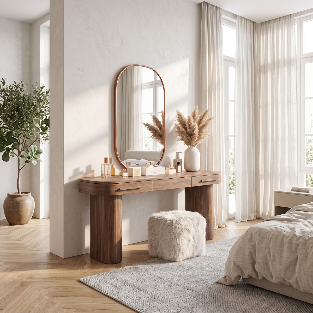 Handcrafted solid wood console with rounded edges styled in an elegant dressing space