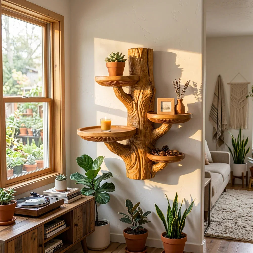 Rugged Bark Mushroom Wall Shelf with 4 Polished Round Tray Platforms - Handcrafted Solid Wood Stump-Style Floating Shelf with Raised Rim and Gill Band Detail - Ashdeco 2026