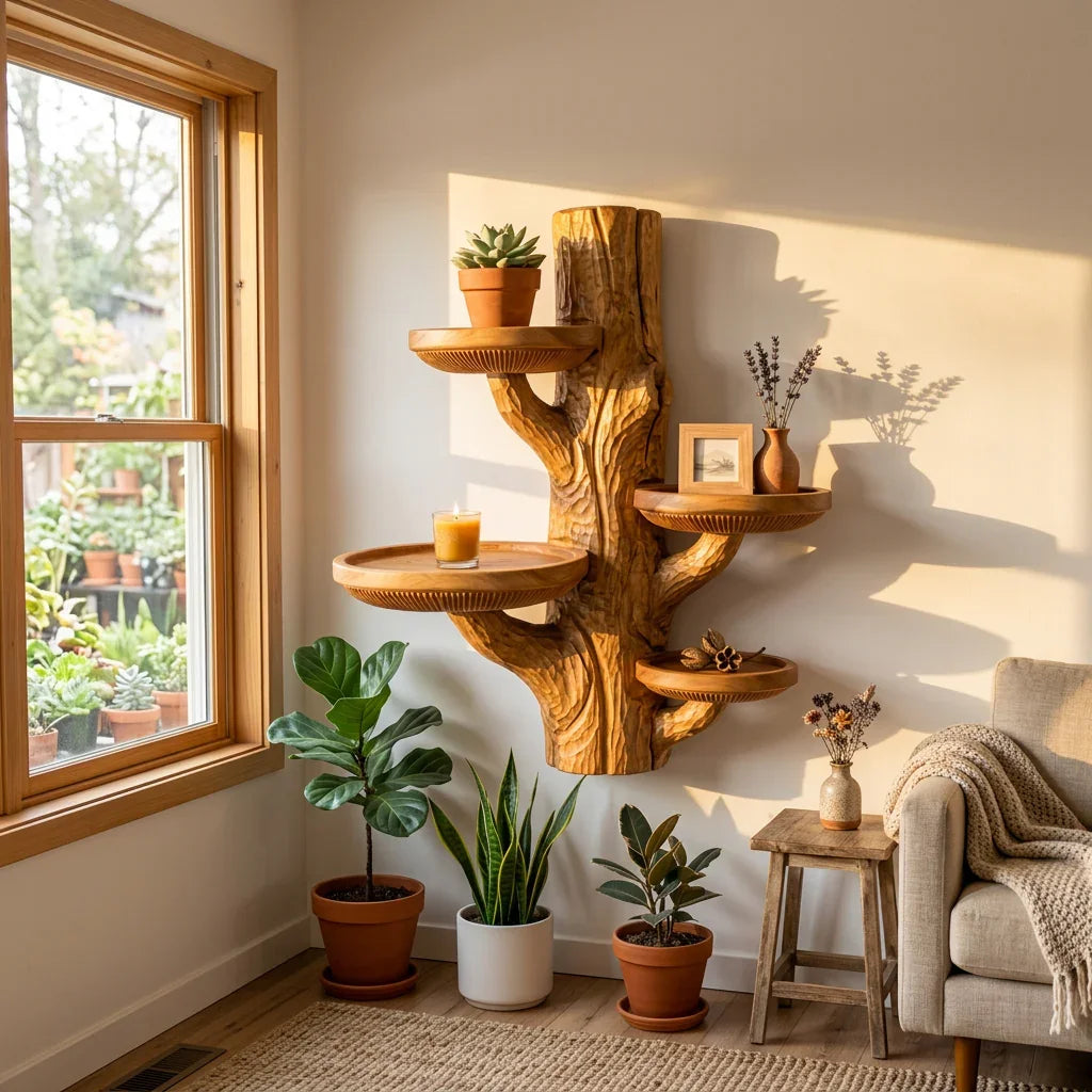 Rugged Bark Mushroom Wall Shelf with 4 Polished Round Tray Platforms - Handcrafted Solid Wood Stump-Style Floating Shelf with Raised Rim and Gill Band Detail - Ashdeco 2026