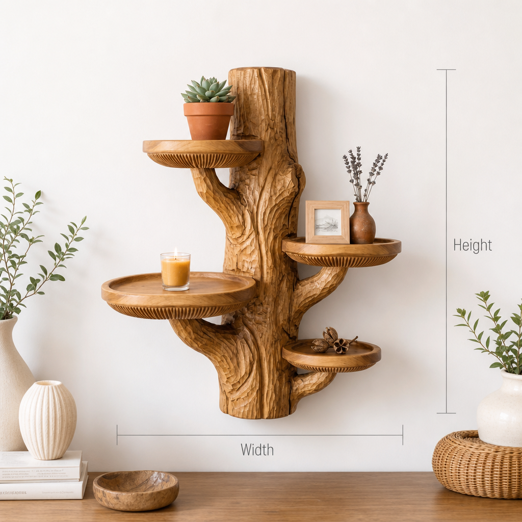 Rugged Bark Mushroom Wall Shelf with 4 Polished Round Tray Platforms - Handcrafted Solid Wood Stump-Style Floating Shelf with Raised Rim and Gill Band Detail