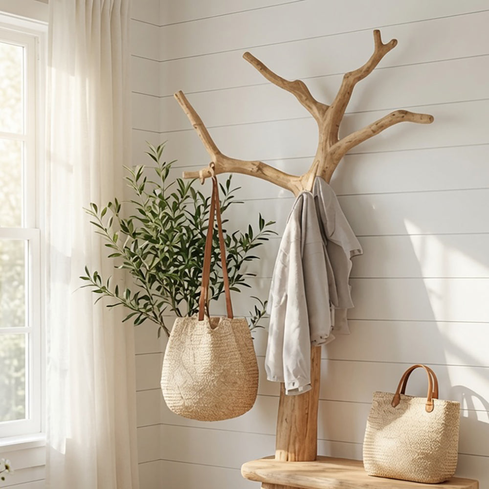 Sculptural solid wood coat stand with entryway bench