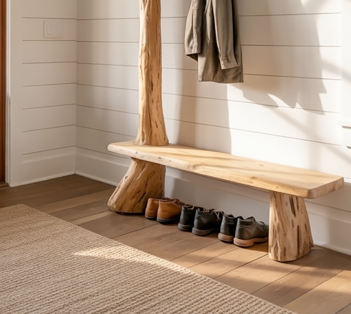 Solid wood entryway bench with tree style coat rack
