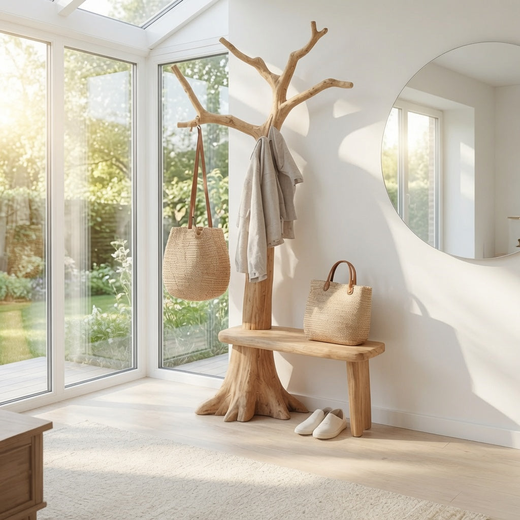 Rustic solid wood coat stand bench in a modern entryway