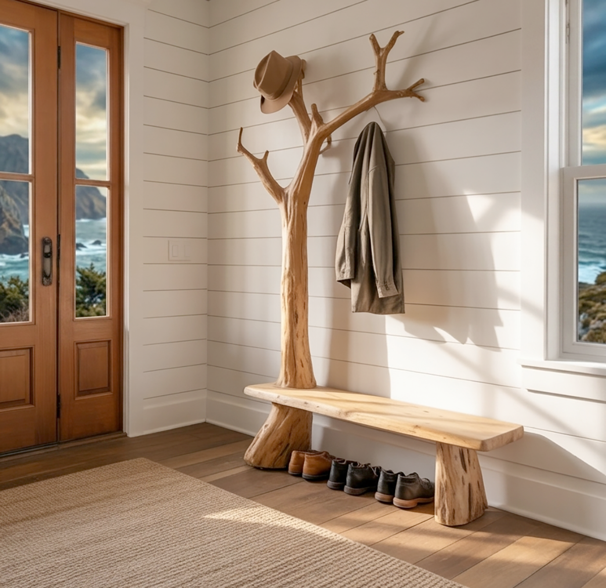 Rustic entryway furniture with coat stand and bench design