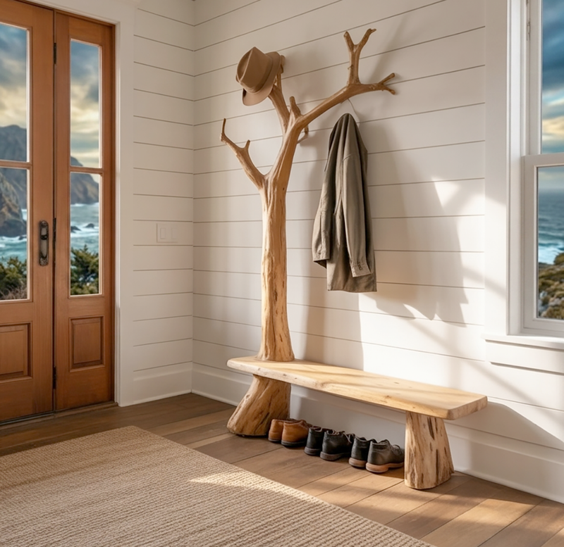 Rustic entryway furniture with coat stand and bench design