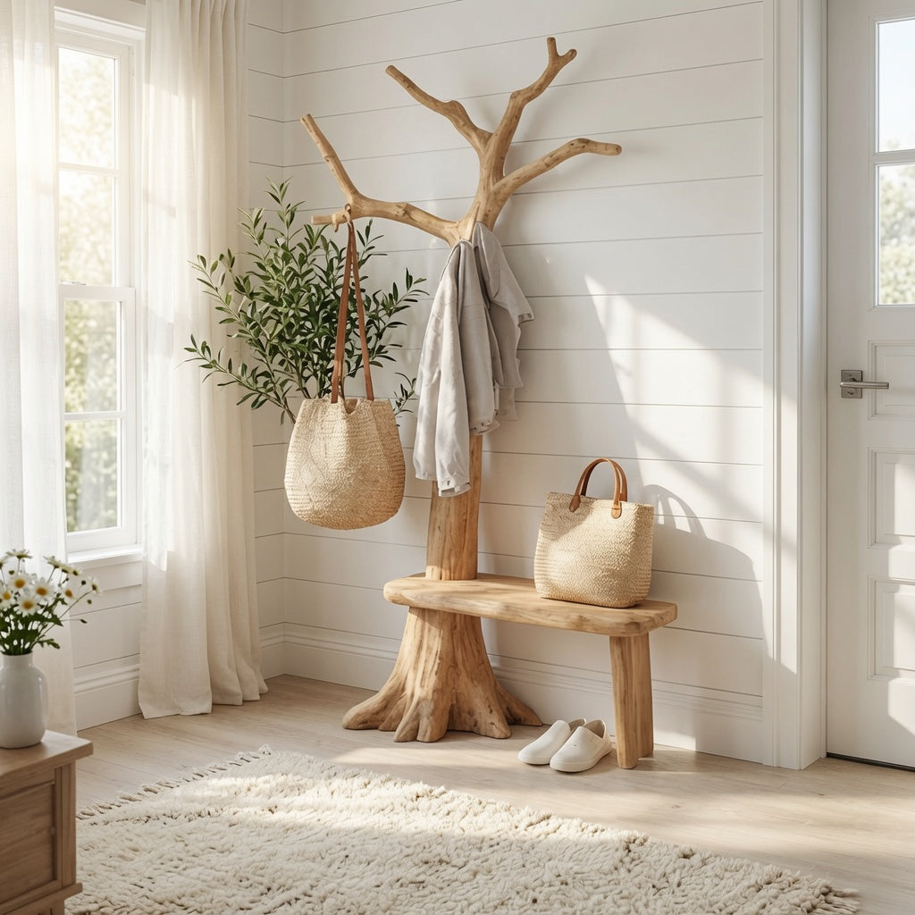 Rustic artistic tree coat stand bench in solid wood