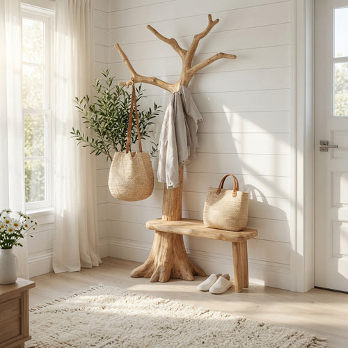 Rustic Artistic Wooden Tree Coat Stand Bench Solid Wood Entryway Interior Signature Furniture