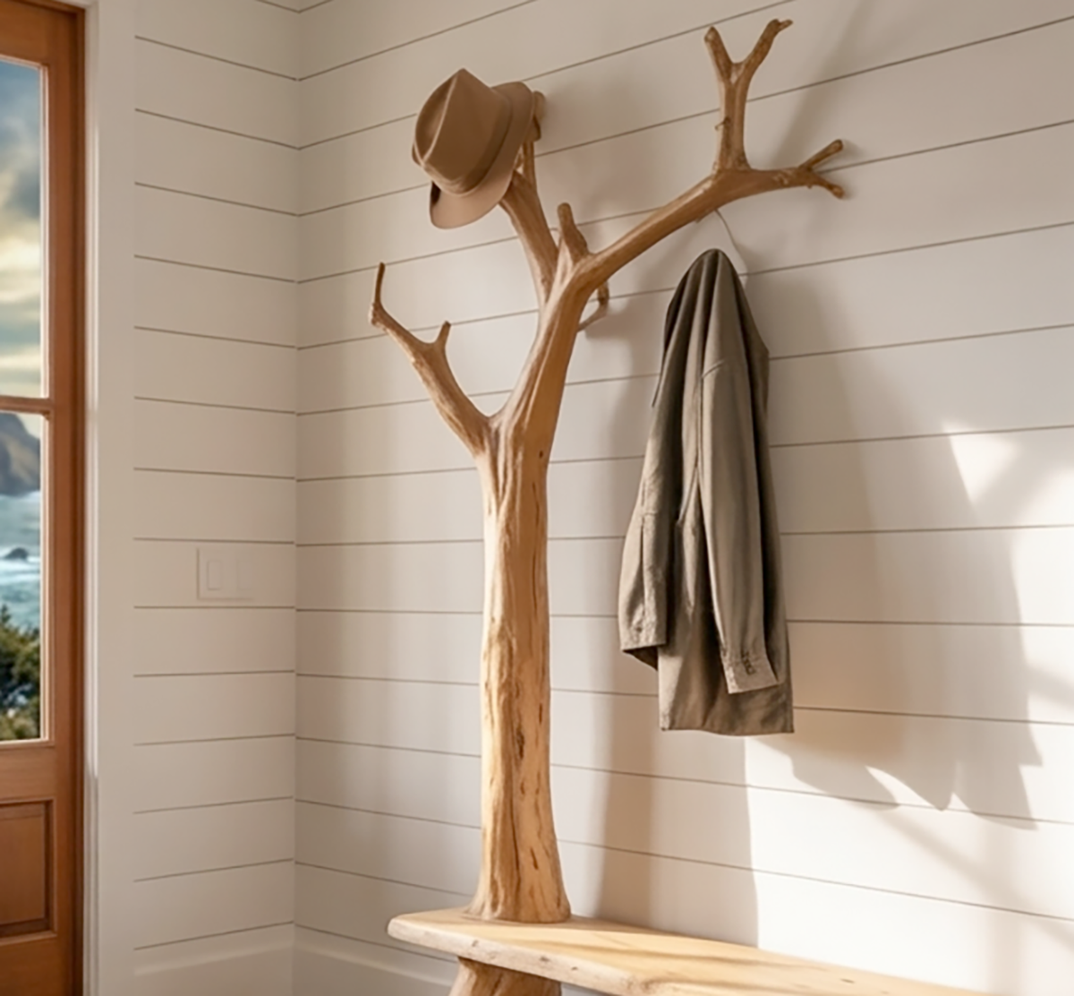Solid wood entryway bench with tree style coat rack