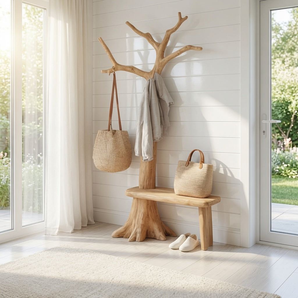 Sculptural solid wood entryway bench with coat stand in a minimalist hallway