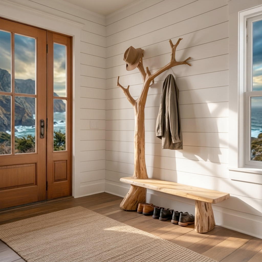Rustic wooden tree coat stand bench made from solid wood