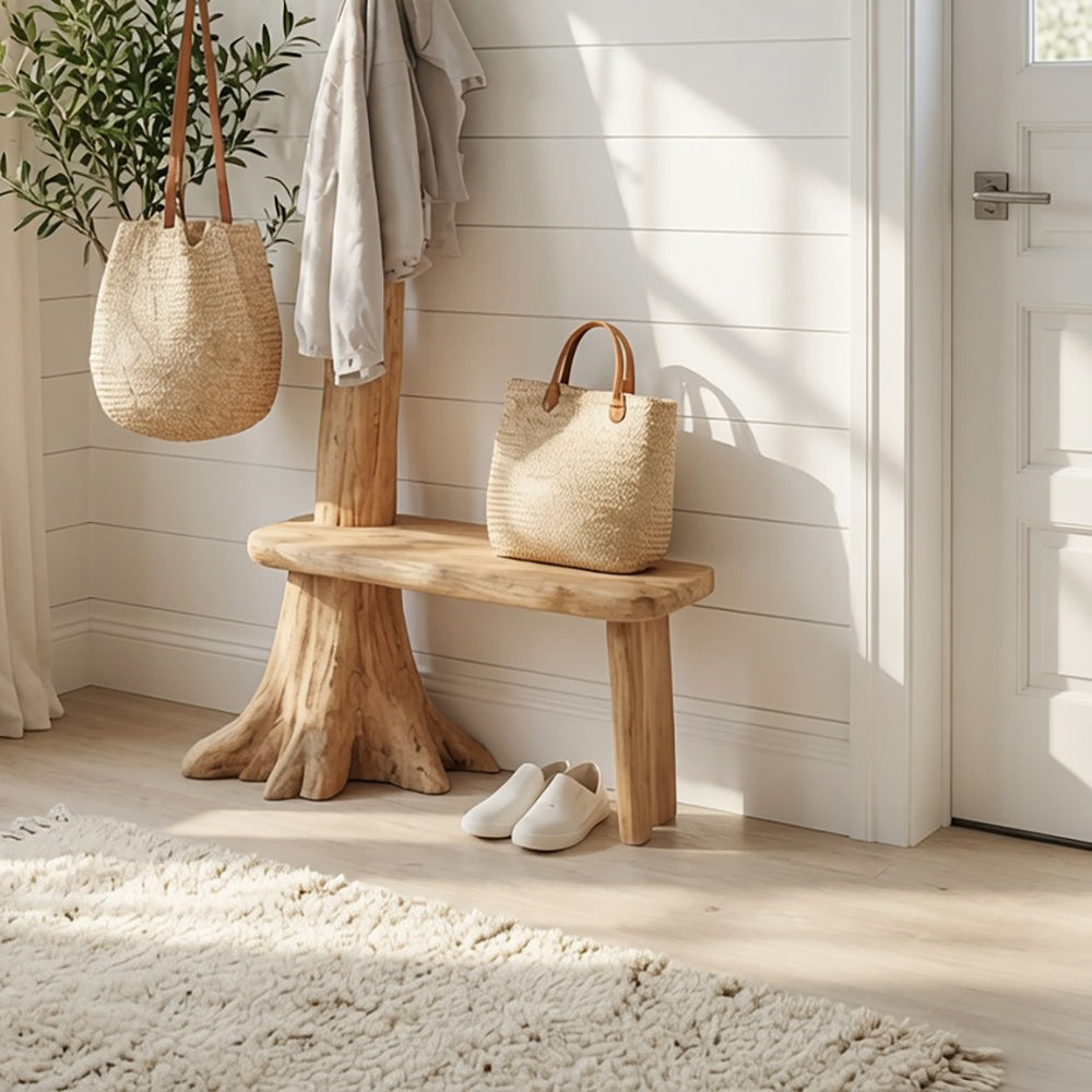 Rustic solid wood entryway coat stand with bench