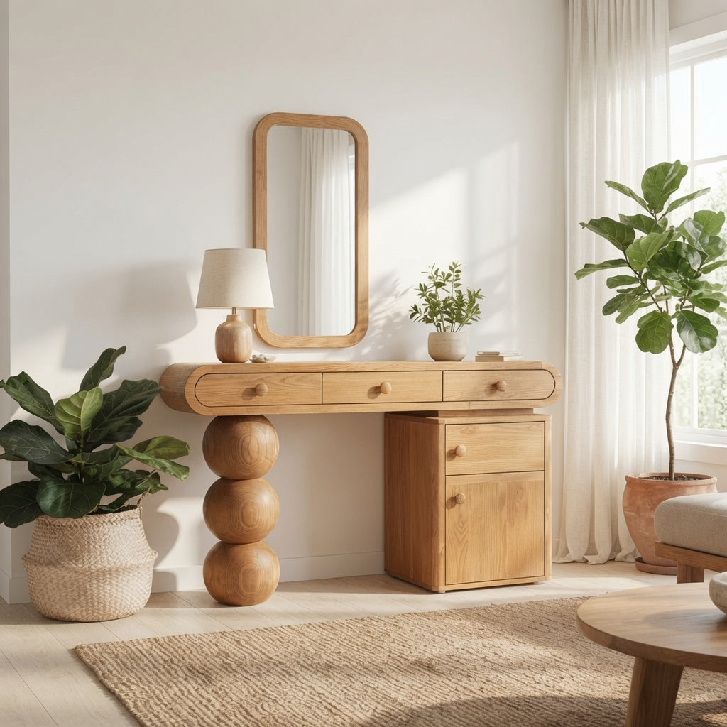 Handcrafted wooden makeup vanity creating a stylish personal beauty space