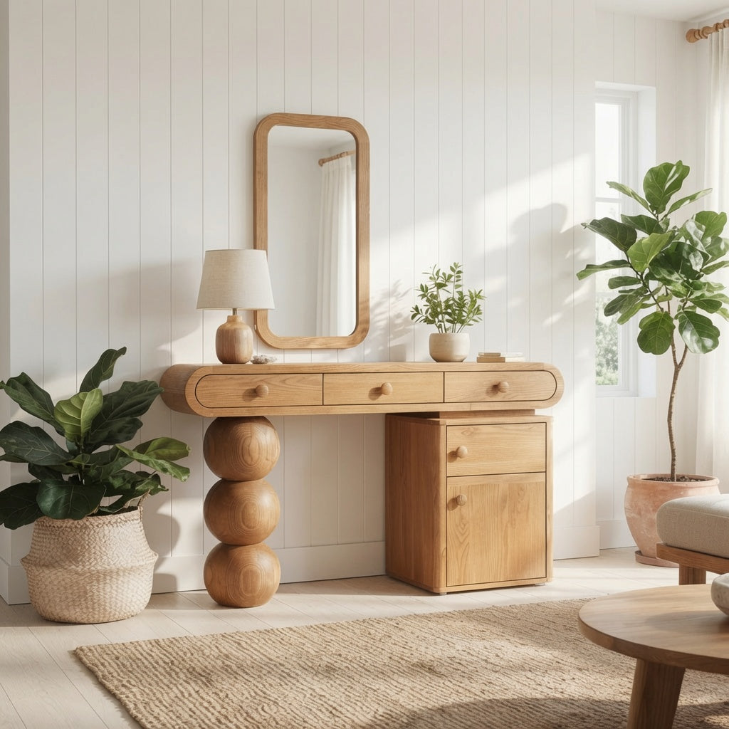 Artisan wooden beauty vanity adding warmth and elegance to a contemporary bedroom