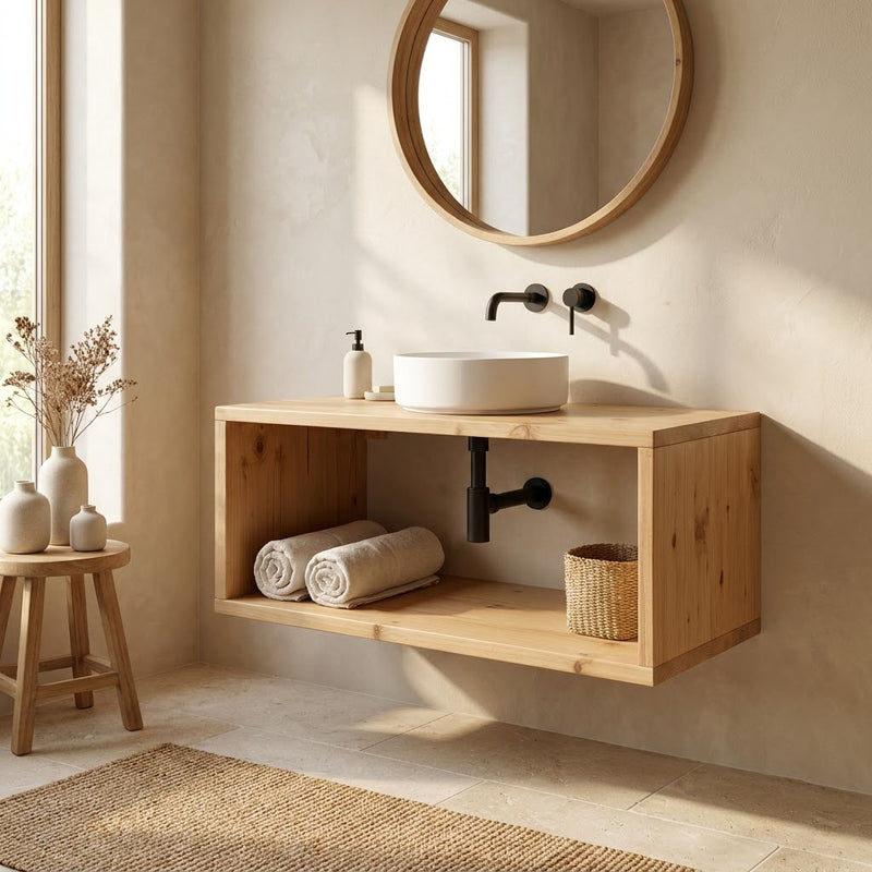 Rustic Floating Bathroom Vanity – Handmade Live Edge Solid Wood Farmhouse Cabinet with Wall Mounted Brackets