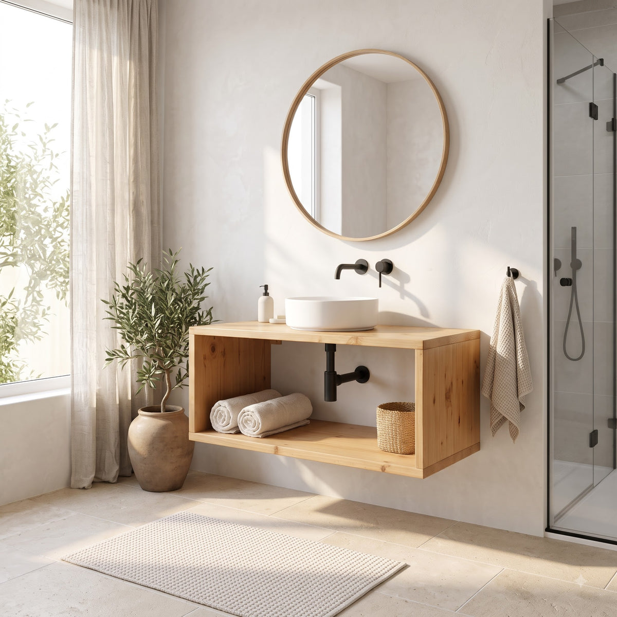 Rustic Floating Bathroom Vanity – Handmade Live Edge Solid Wood Farmhouse Cabinet with Wall Mounted Brackets