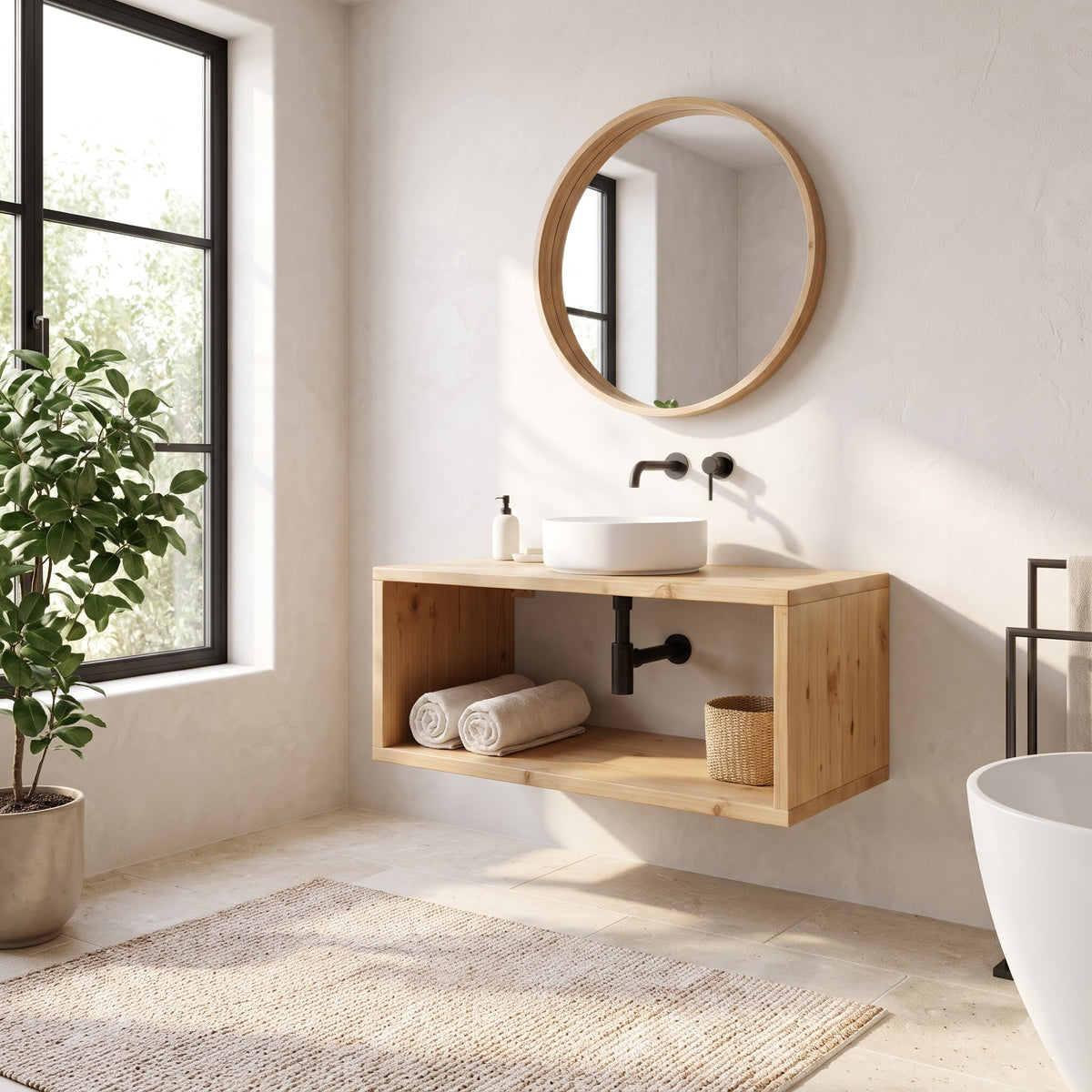 Rustic Floating Bathroom Vanity – Handmade Live Edge Solid Wood Farmhouse Cabinet with Wall Mounted Brackets