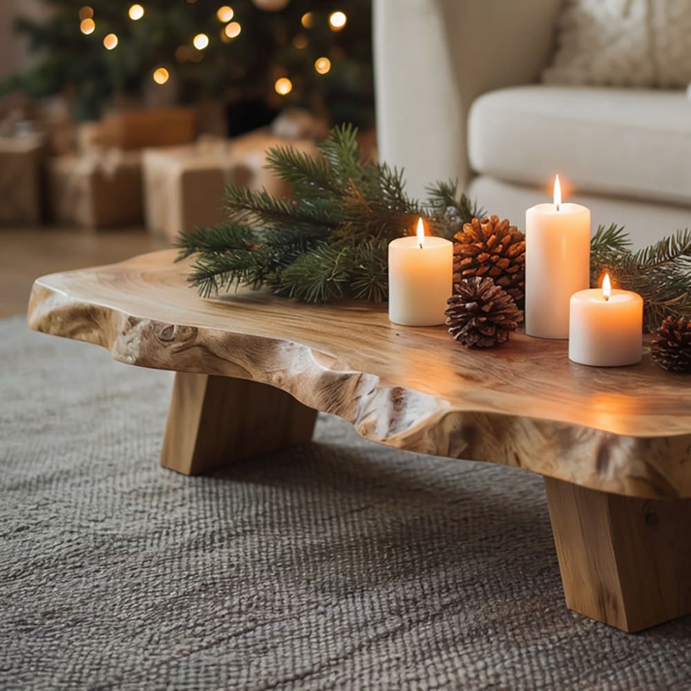 Rustic solid wood live-edge coffee table in a cozy Christmas living room