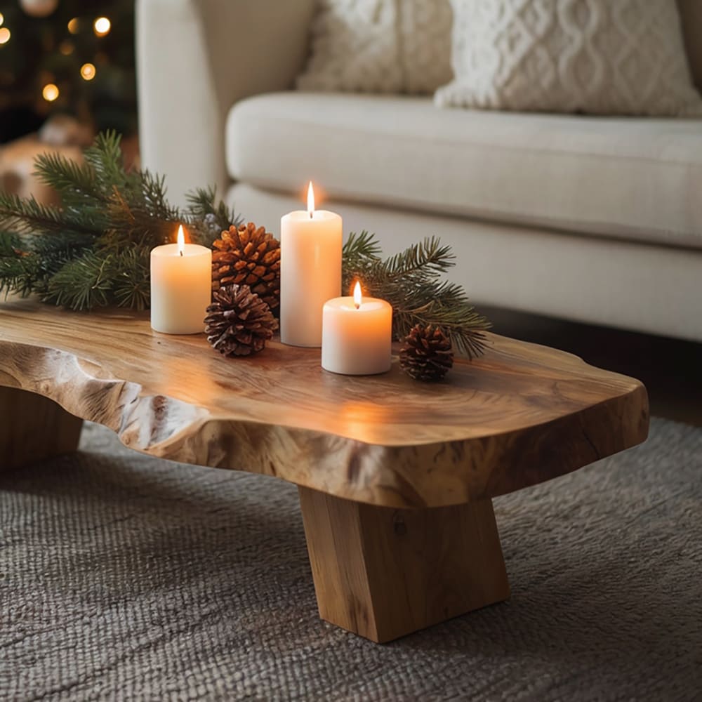 Festive solid wood coffee table styled with holiday décor in a warm family room