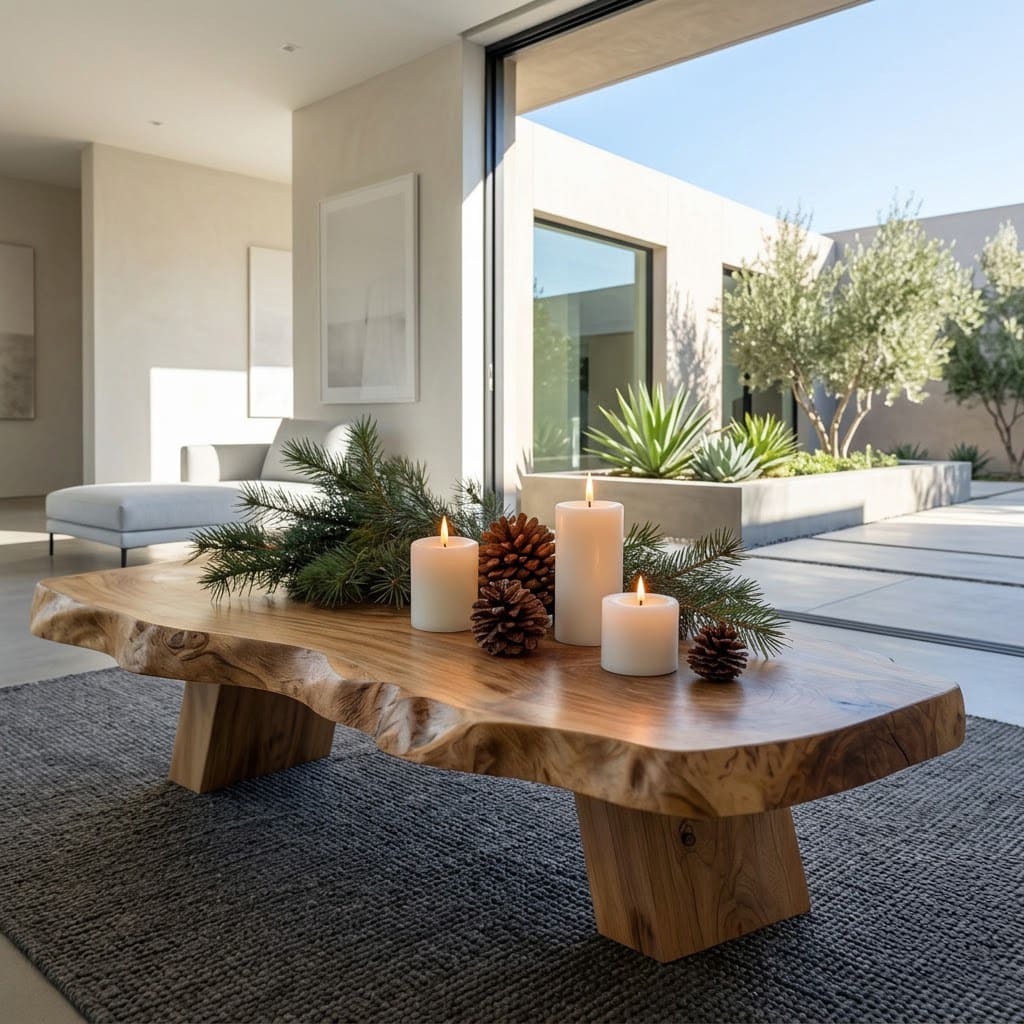 Natural solid wood Christmas coffee table enhancing a festive gathering space