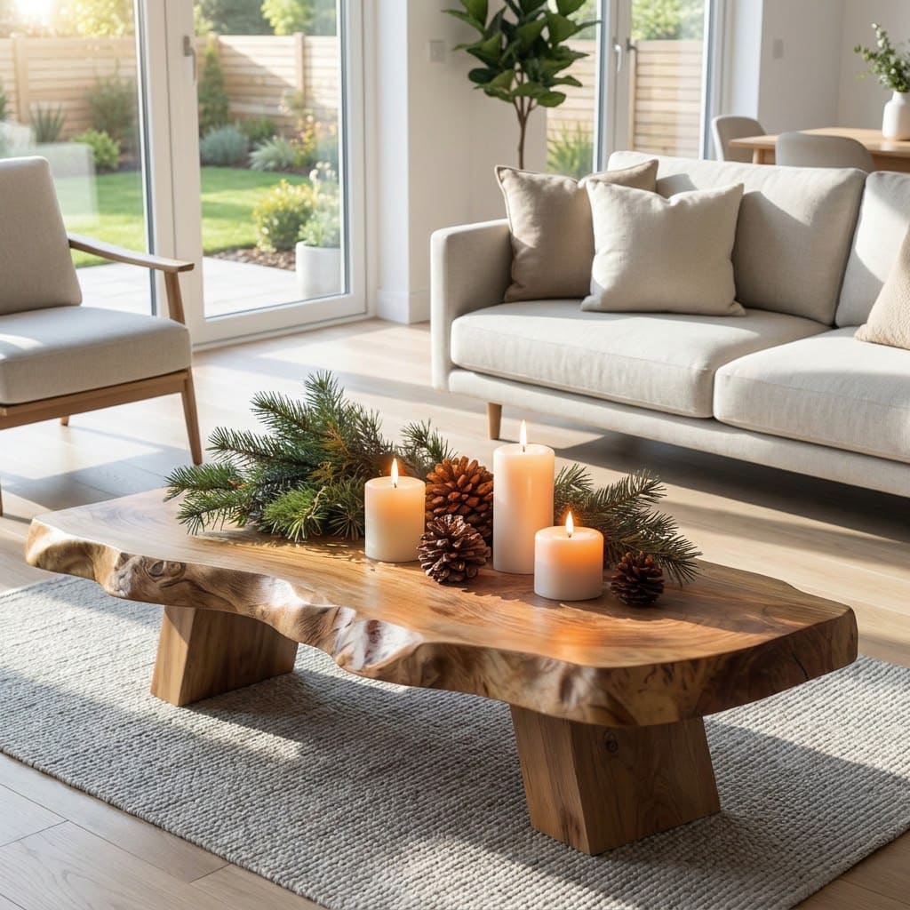 Live-edge solid wood coffee table creating a welcoming holiday living room atmosphere