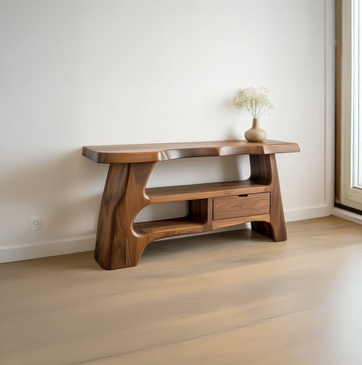Wooden console table with natural live edge for hallway decor
