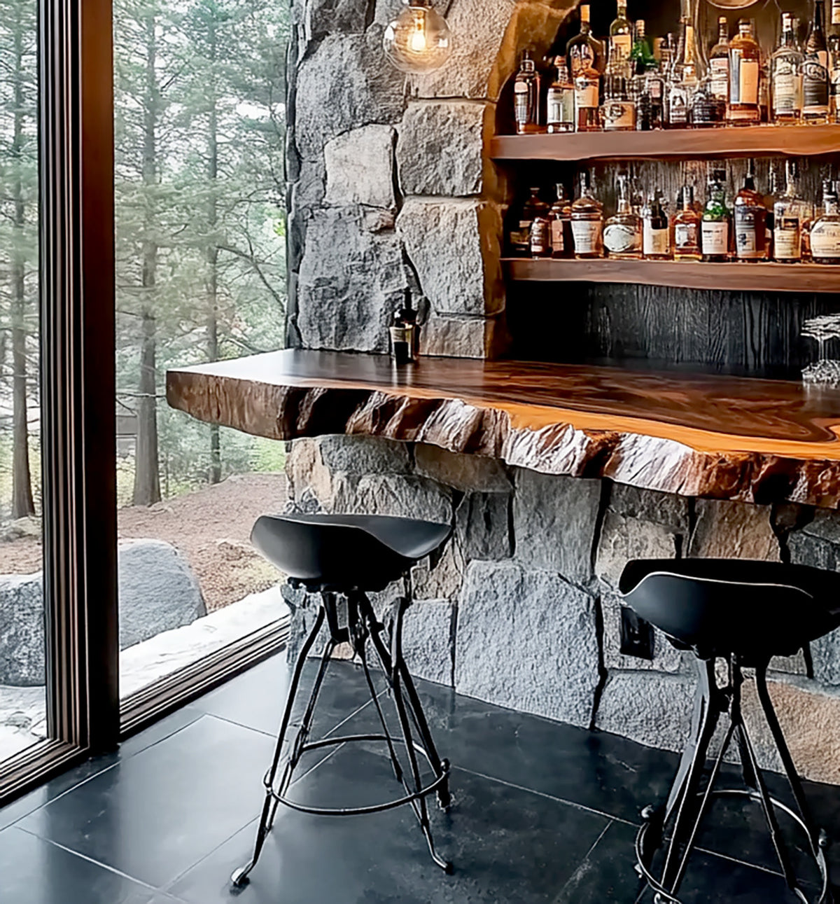 Live edge whiskey bar shelf crafted from natural hardwood