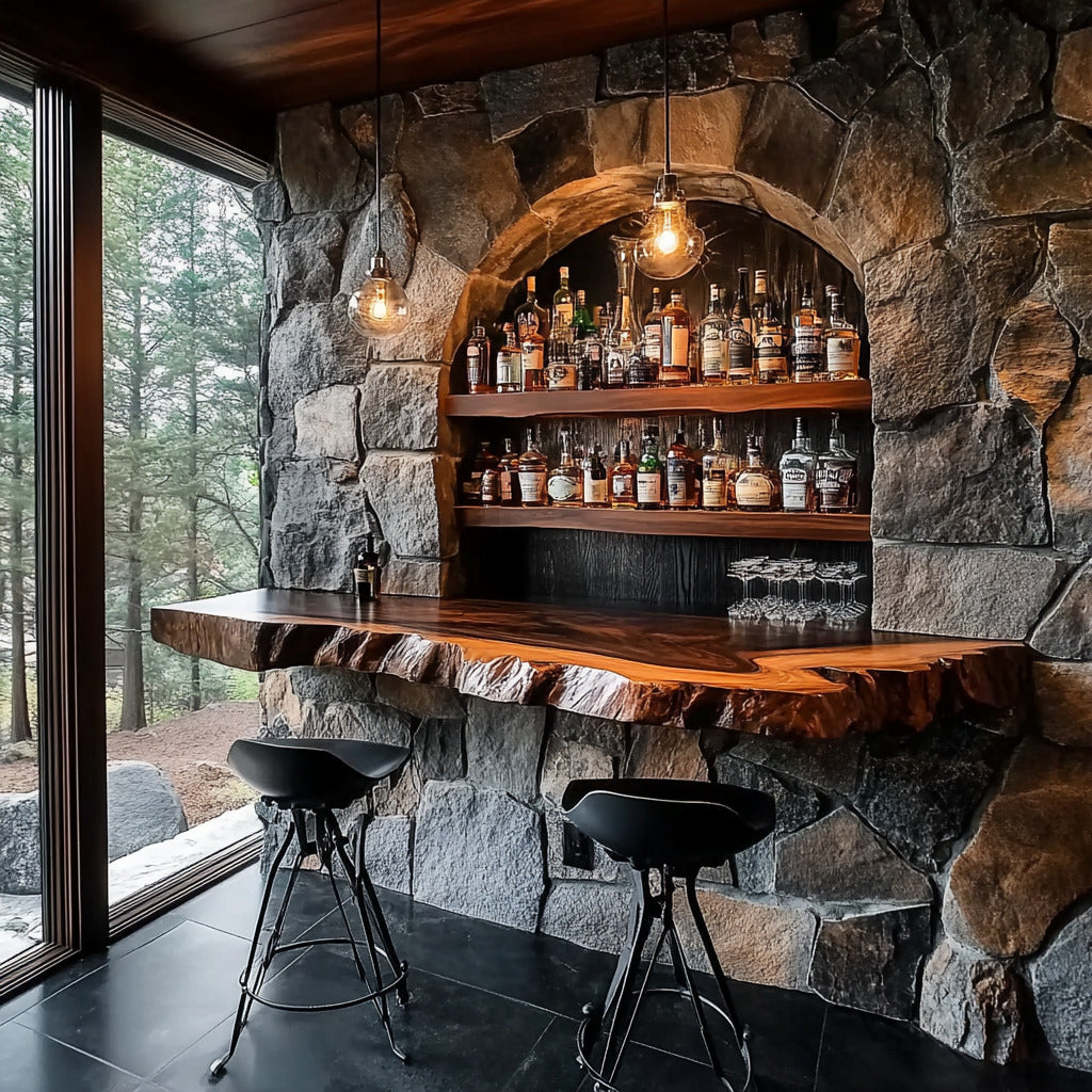 Rustic live edge floating whiskey bar in solid wood