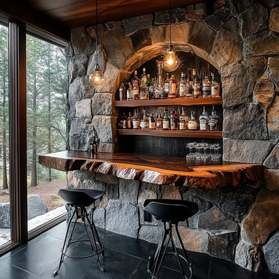 Rustic live edge floating whiskey bar in solid wood